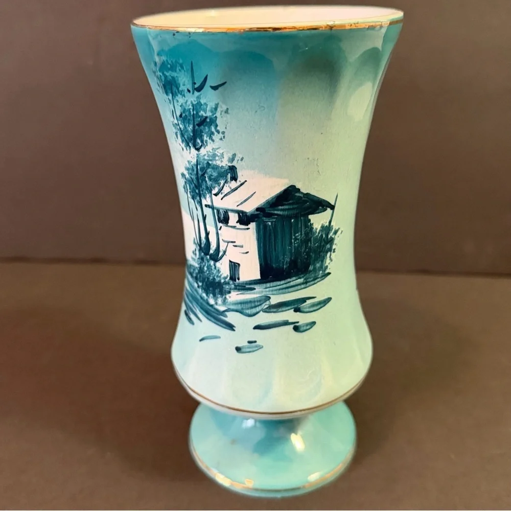 Nautical Porcelain Vase Portugal Teal Blue Sailboat Hand Painted Mid Century H h